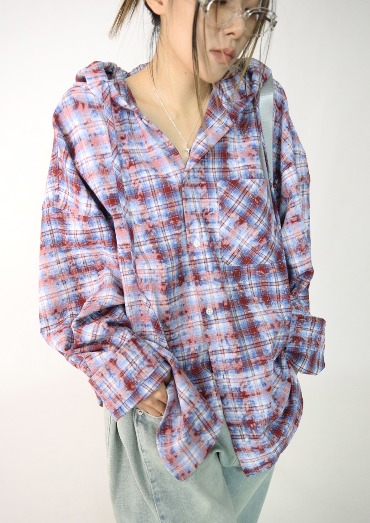 (UNISEX)스모키 체크 후드 셔츠(2color)
